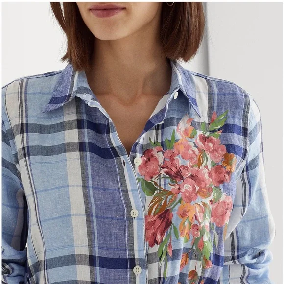 New Ralph Lauren Floral & Plaid Lightweight Linen Button Down Shirtdress Midi - Picture 2 of 15